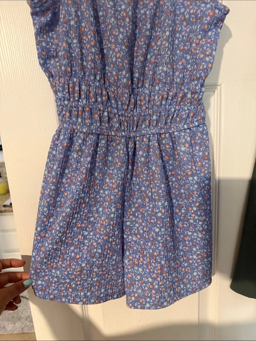 SO Girls Blue Floral Romper & Green Ribbed Knit Dress